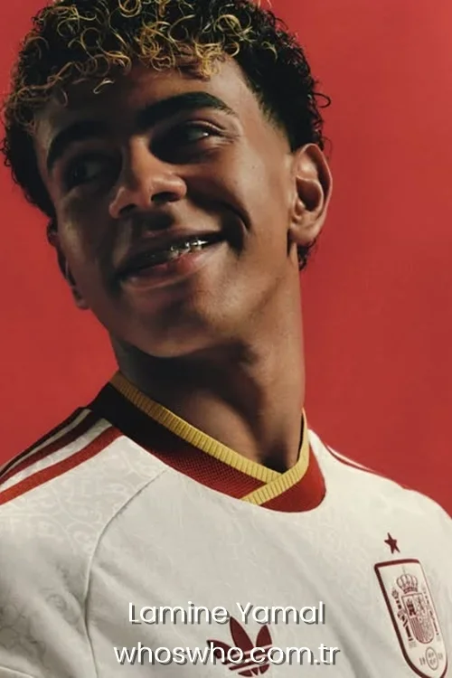Close-up portrait of Spanish footballer Lamine Yamal wearing the Spain national team jersey.