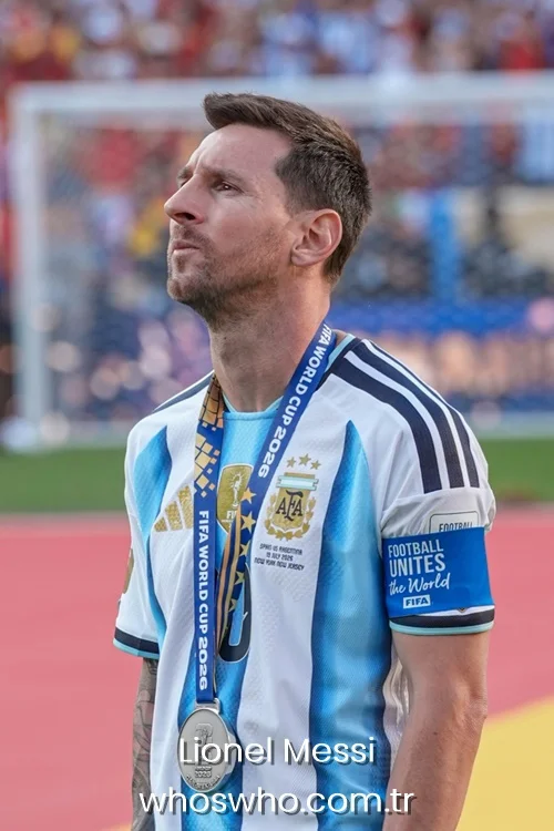Argentina captain Lionel Messi looking up thoughtfully while wearing the runners-up silver medal and blue-and-white national team jersey after the FIFA World Cup 2026 final match.