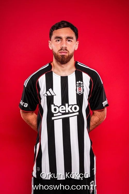 Turkish midfielder Orkun Kokcu with a beard, wearing the black and white striped Besiktas jersey with the Beko sponsor logo, posing against a solid red background.