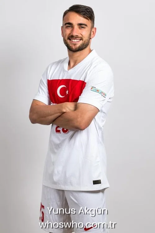 Turkish professional footballer Yunus Akgün posing in the official white and red Turkey national football team jersey with crossed arms.