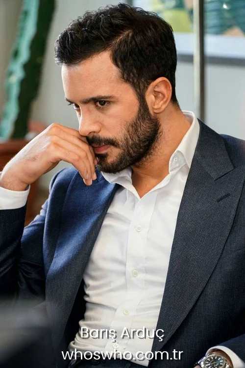 Side profile portrait of handsome Turkish actor Baris Arduc with a well-groomed beard, wearing a sharp textured navy blue blazer and an open-collar white dress shirt, leaning his chin on his hand with a pensive expression.