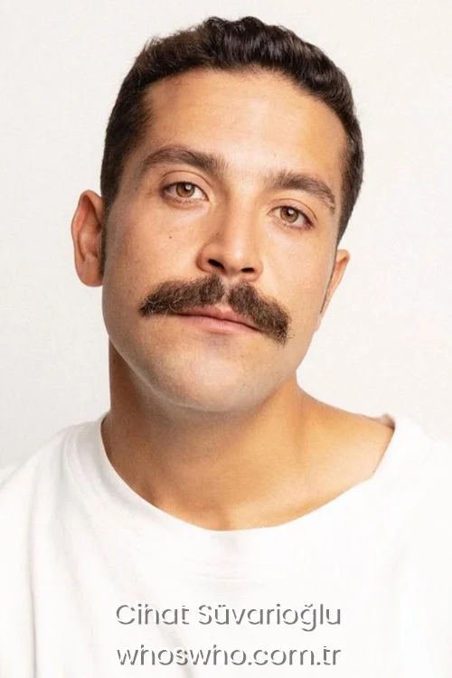 Close-up headshot portrait of Turkish actor Cihat Suvarioglu looking directly at the camera with a prominent mustache, wearing a simple white crewneck t-shirt against a plain bright background.