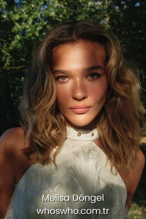 Turkish actress Melisa Dongel with wavy blonde hair wearing a white fringed halter top outdoors