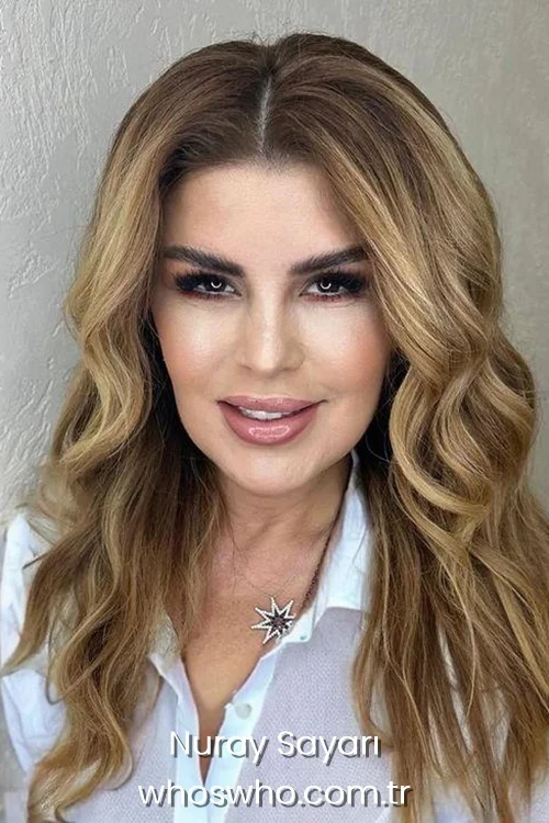 Close-up headshot of smiling Turkish astrologer Nuray Sayari with long wavy blonde hair, wearing a white collared shirt and a star-shaped pendant necklace.