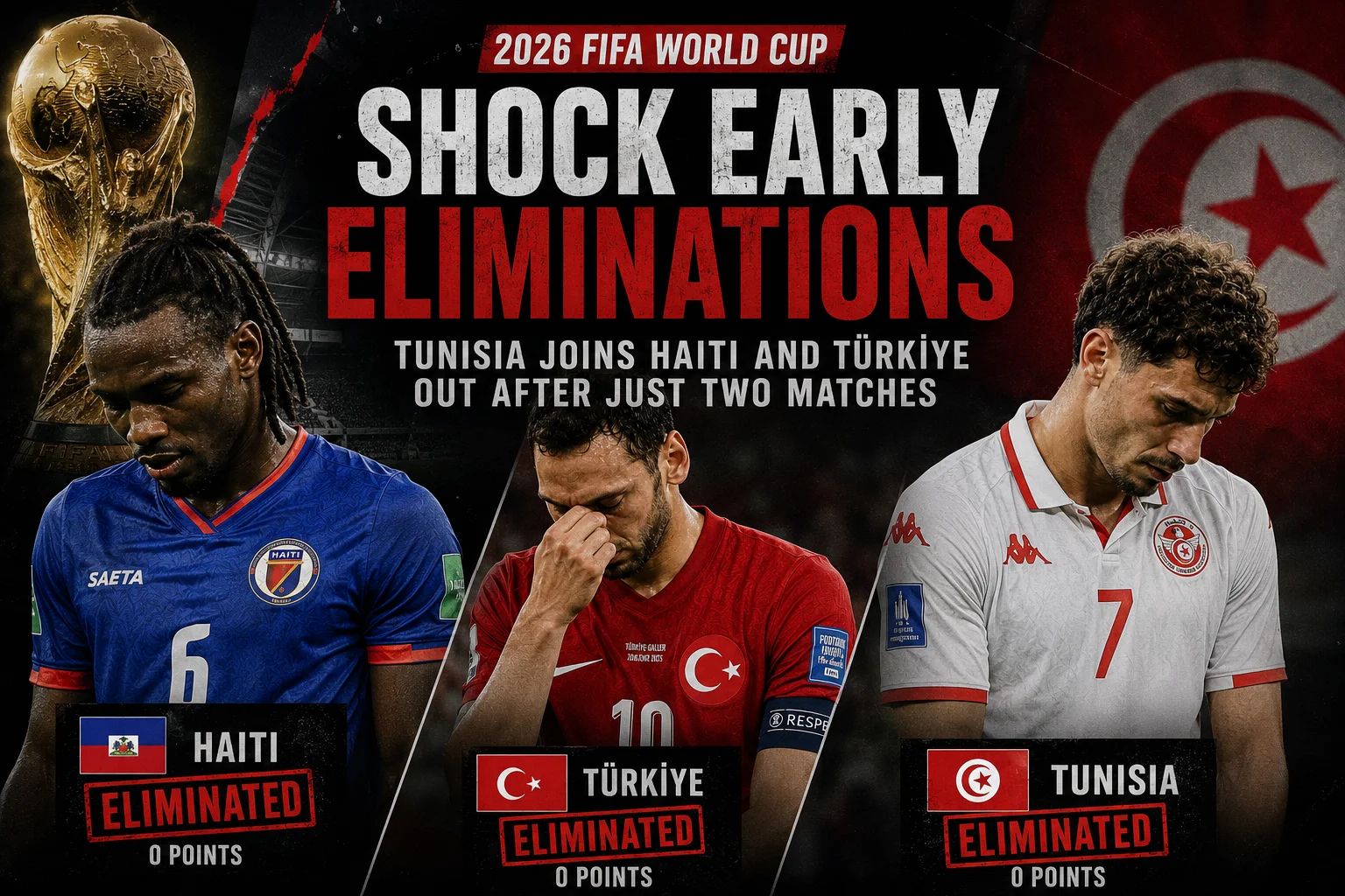 Haiti, Türkiye and Tunisia become the first teams eliminated from the 2026 FIFA World Cup after two group stage matches.