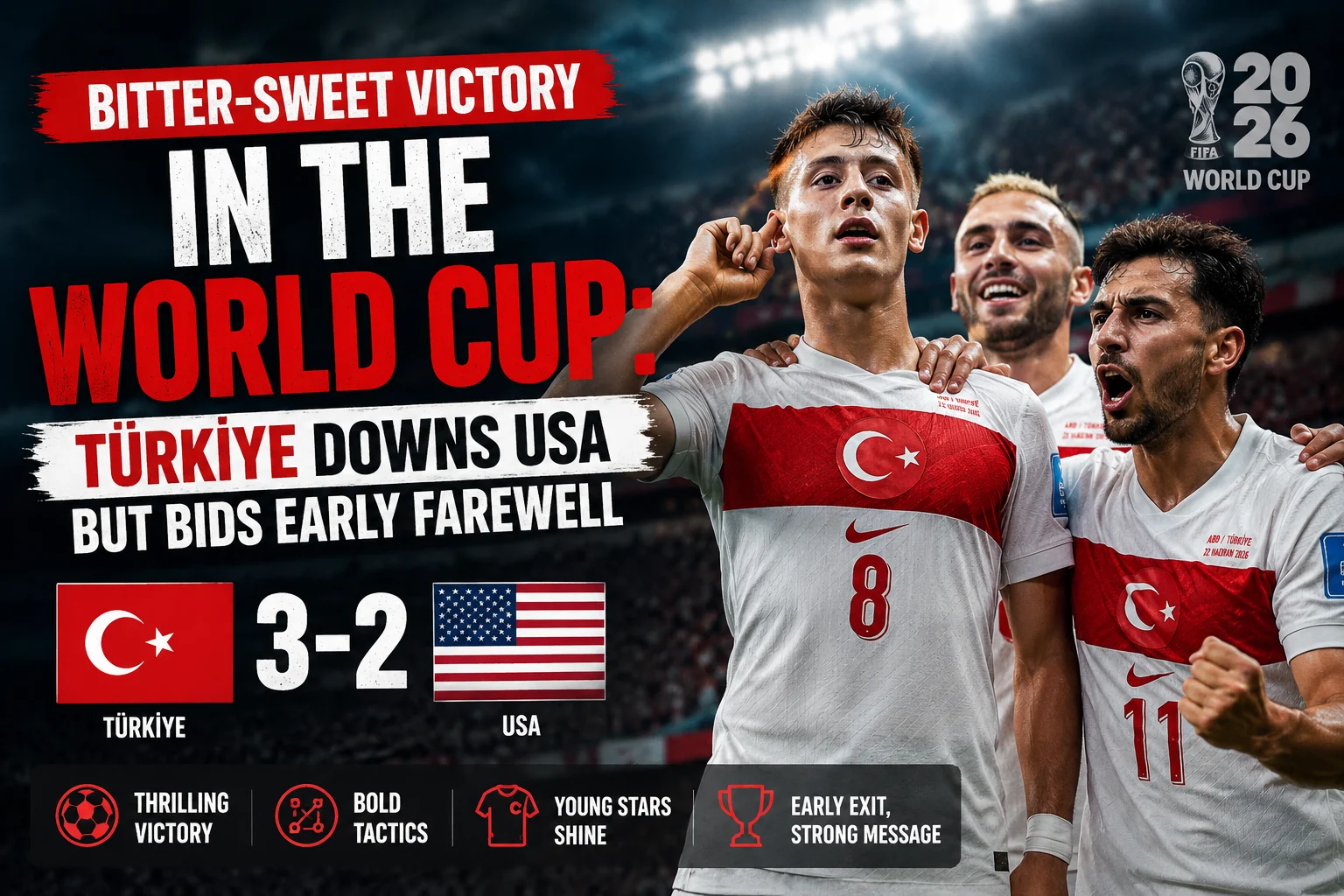 Türkiye ended its 2026 FIFA World Cup campaign with a dramatic 3-2 victory over the United States at SoFi Stadium. Despite the memorable win, the Crescent-Stars were eliminated in the group stage after earlier defeats to Australia and Paraguay.