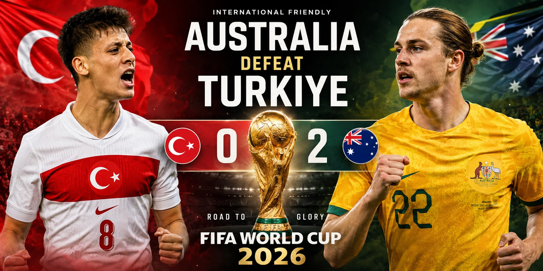 News-style cover image featuring a football match between Australia and Türkiye. The graphic highlights one key player from each team with the FIFA World Cup 2026 trophy placed in the center. The final score, Australia 2-0 Türkiye, is prominently displayed, emphasizing Australia's victory and the road toward the 2026 FIFA World Cup.