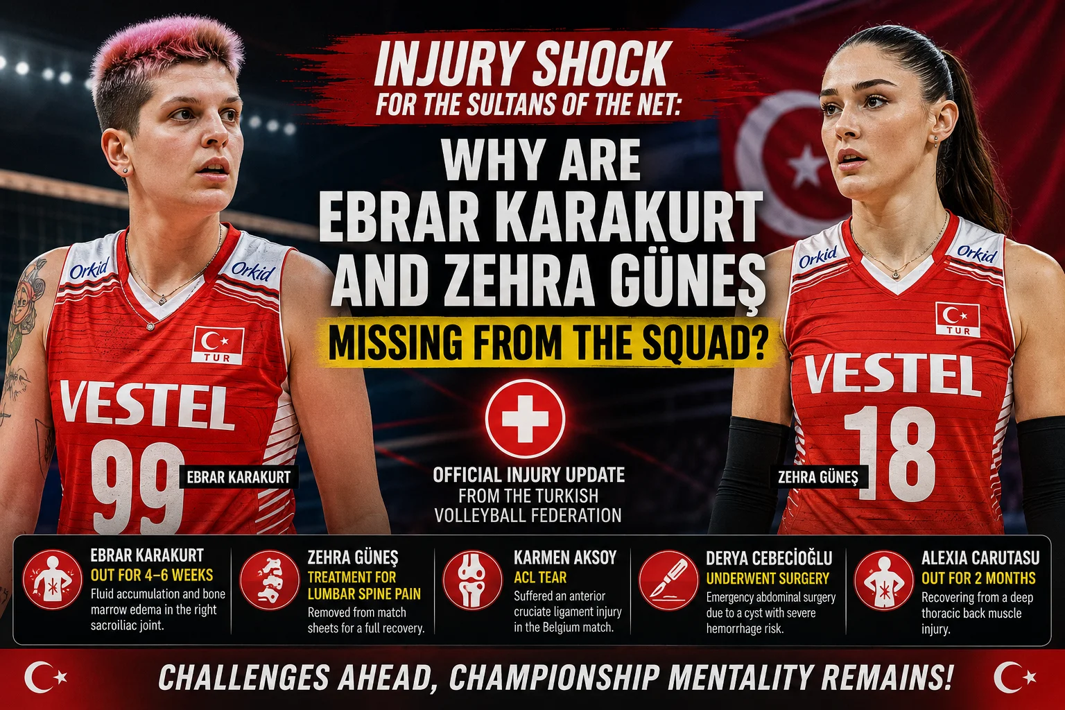 Why Are Ebrar Karakurt and Zehra Güneş Missing from the Squad? 2 Ebrar Karakurt and Zehra Güneş featured in a Turkish volleyball injury update graphic ahead of the 2026 FIVB Volleyball Nations League.