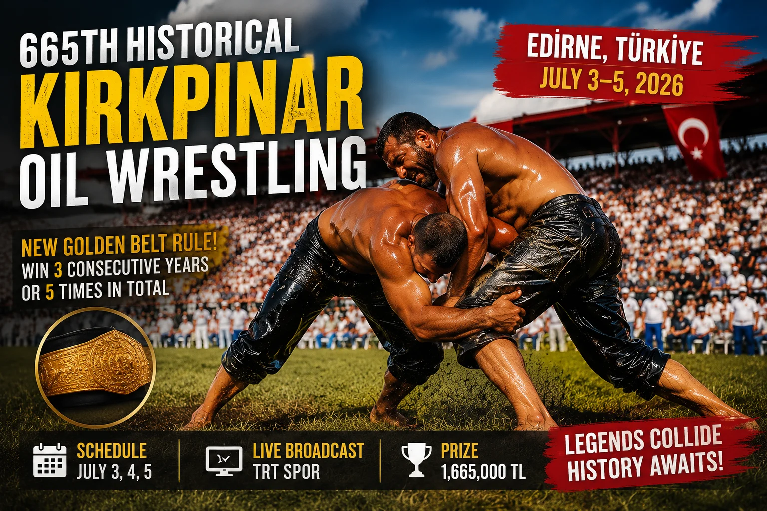 When Will 2026 Historical Kırkpınar Start? Schedule & New Rules 2 Two Turkish oil wrestlers competing during the 665th Historical Kırkpınar Oil Wrestling Festival at Sarayiçi Er Meydanı in Edirne, Türkiye, July 2026.