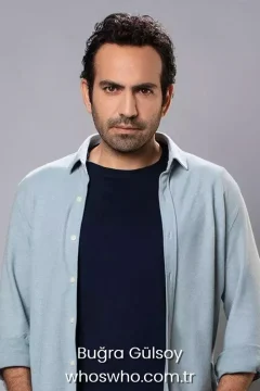 Portrait of Turkish actor Buğra Gülsoy wearing a light blue shirt.