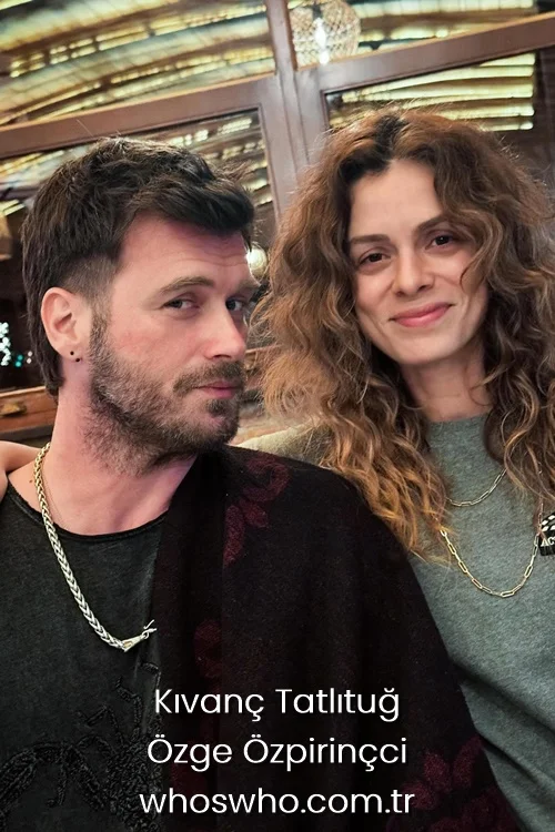 Kıvanç Tatlıtuğ and Özge Özpirinçci posing together in a casual setting.