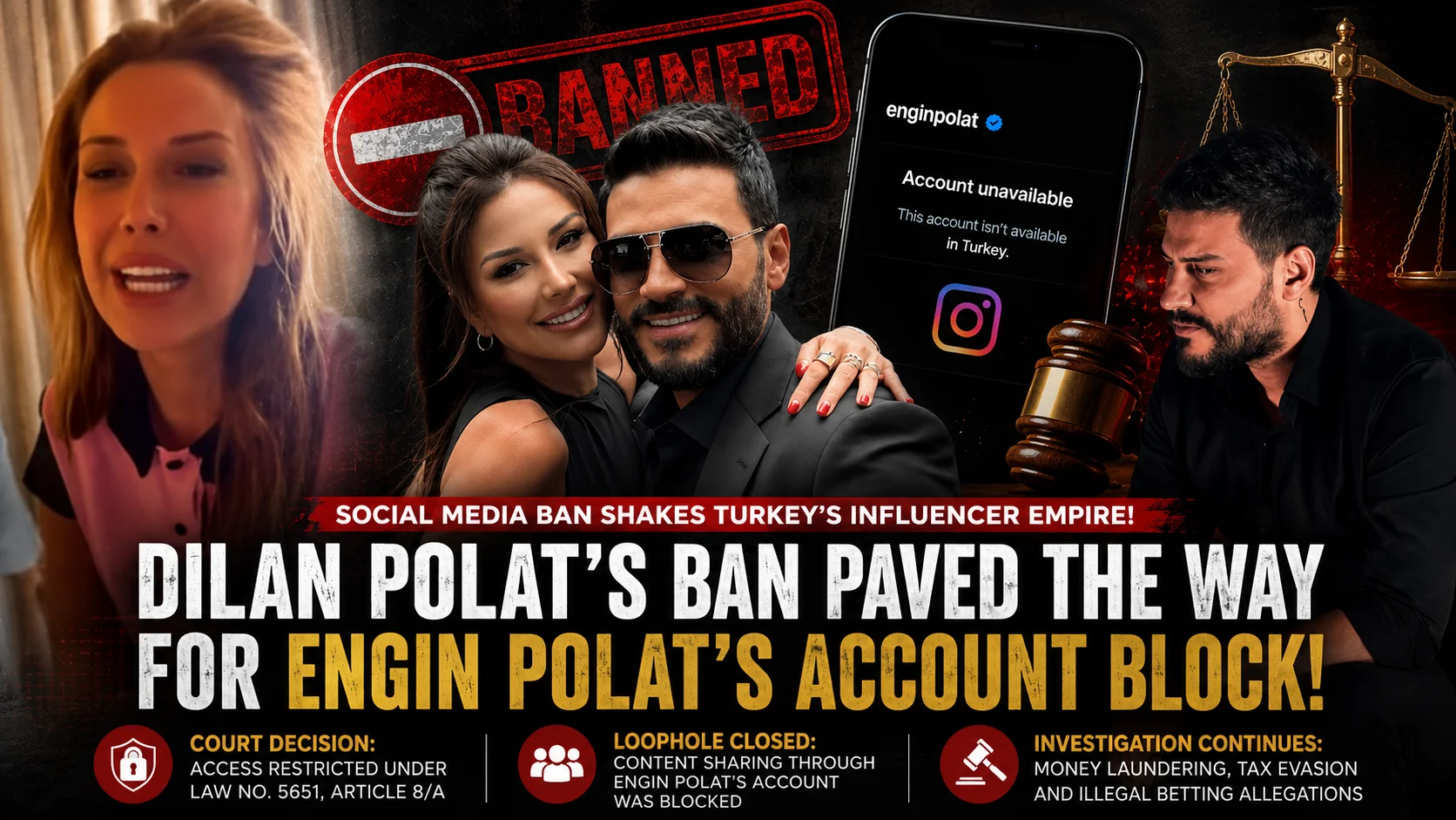 Cover image illustrating the Instagram access restrictions imposed on Dilan Polat and Engin Polat as Turkish authorities expand social media enforcement.