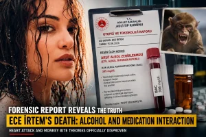 Forensic medicine report showing the official cause of death of Turkish actress Ece İrtem, confirming fatal alcohol and medication interaction.