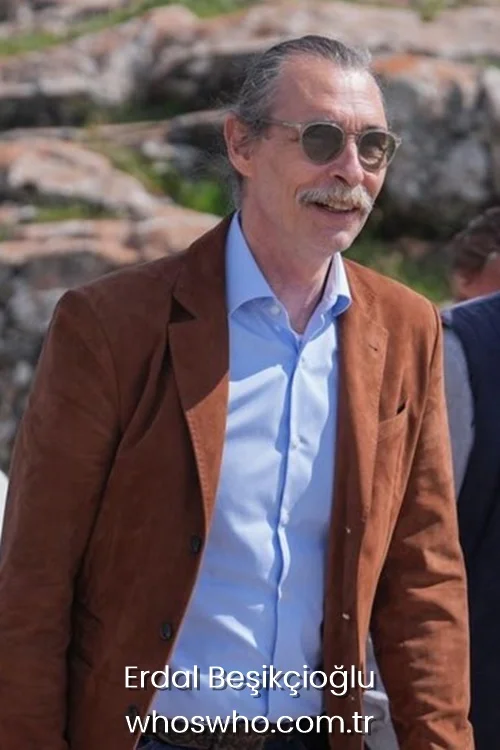Turkish actor and politician Erdal Besikcioglu wearing a brown suede blazer, light blue button-up shirt, and sunglasses outdoors