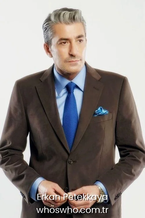 Portrait of Turkish actor Erkan Petekkaya wearing a brown suit jacket, a light blue shirt, and a dark blue tie against a white background.
