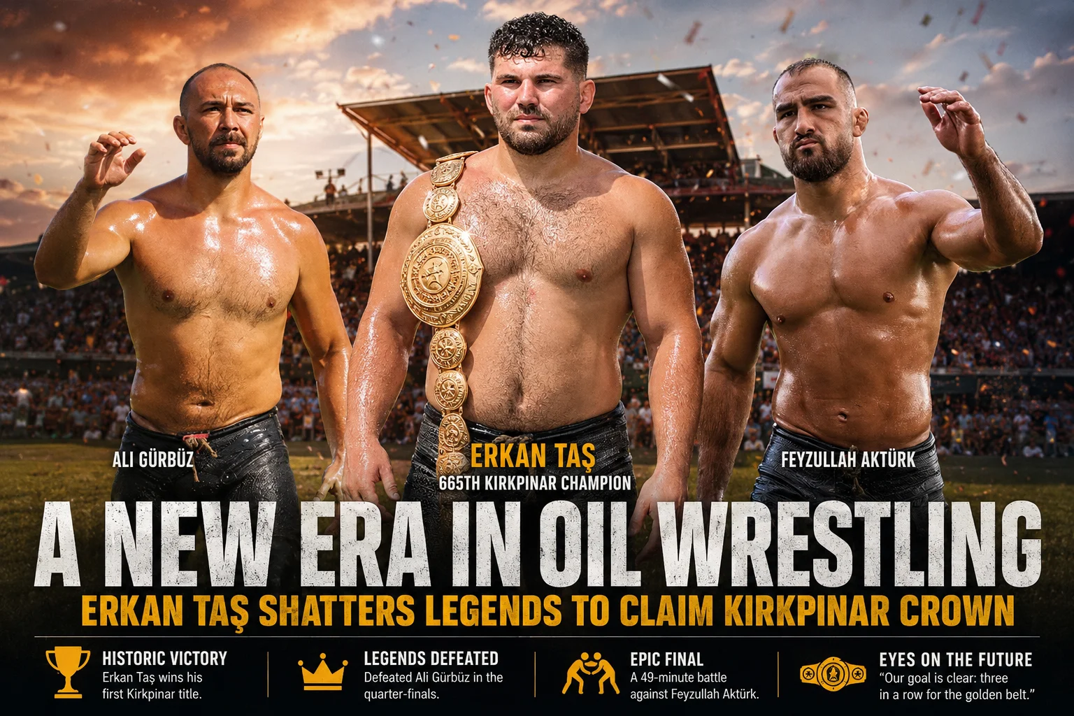 Erkan Tas Shatters Legends to Claim Historic 665th Kirkpinar Crown 1 Erkan Taş celebrates winning the 665th Historical Kirkpinar Oil Wrestling Championship, with finalists Feyzullah Aktürk and Ali Gürbüz featured in a commemorative cover image.
