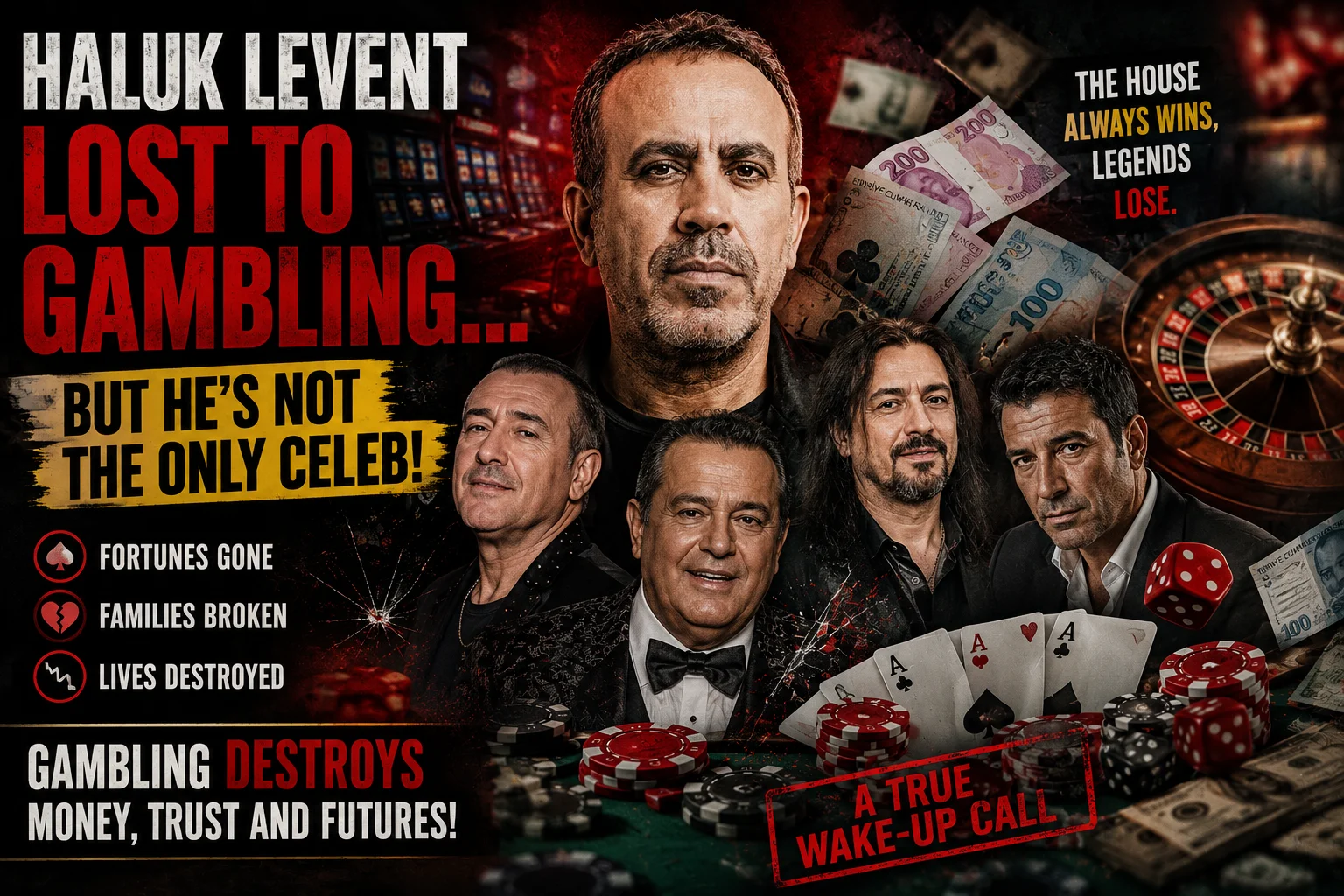 From Donations to Casinos: The Shocking Downfall of Haluk Levent 1 Editorial-style illustration depicting gambling addiction with casino chips, playing cards, roulette, scattered banknotes, and symbolic celebrity figures. The headline reads: "Haluk Levent Lost to Gambling... But He's Not the Only Celeb!" Additional text warns that gambling destroys money, trust, and futures. The image accompanies a news article discussing gambling addiction and public figures in Türkiye.