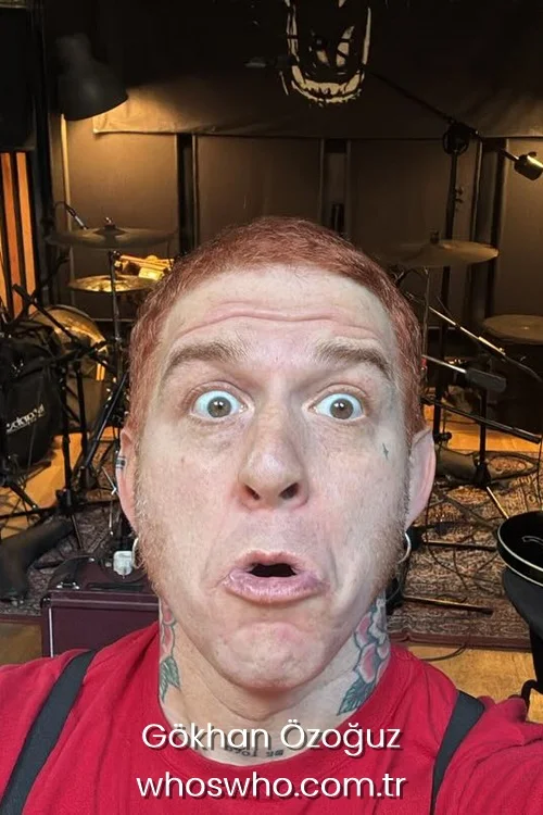 Turkish rock musician Gokhan Ozoguz making a funny surprised face with wide eyes inside a music recording studio