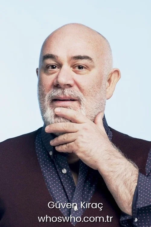 A professional studio headshot of Turkish actor Güven Kıraç posing with his hand touching his white beard, wearing a dotted blue shirt and a dark maroon vest against a light blue background.