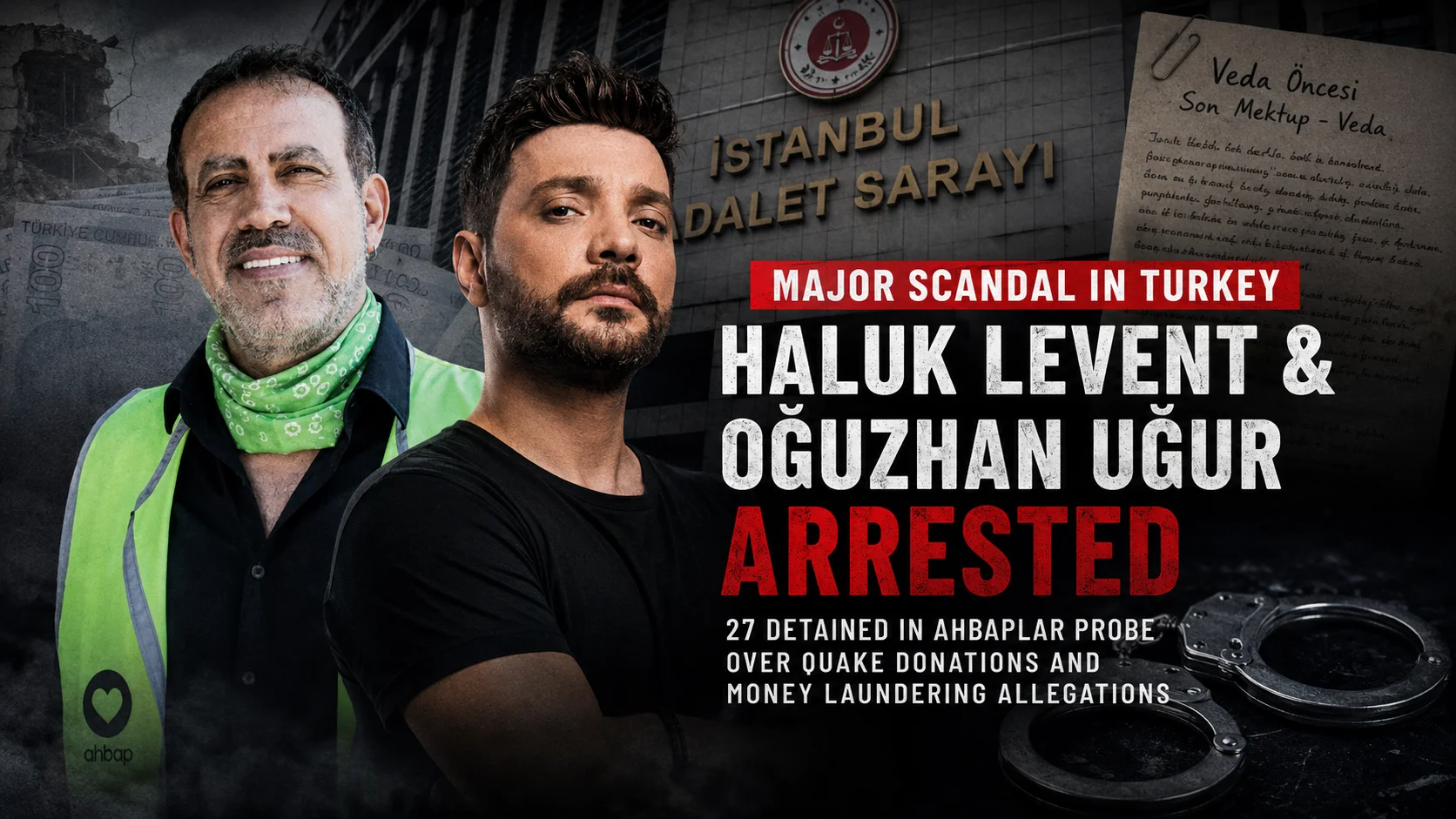 Illustration of Haluk Levent and Oğuzhan Uğur against a courthouse backdrop, representing the July 2026 Ahbap investigation and high-profile arrests in Turkey.