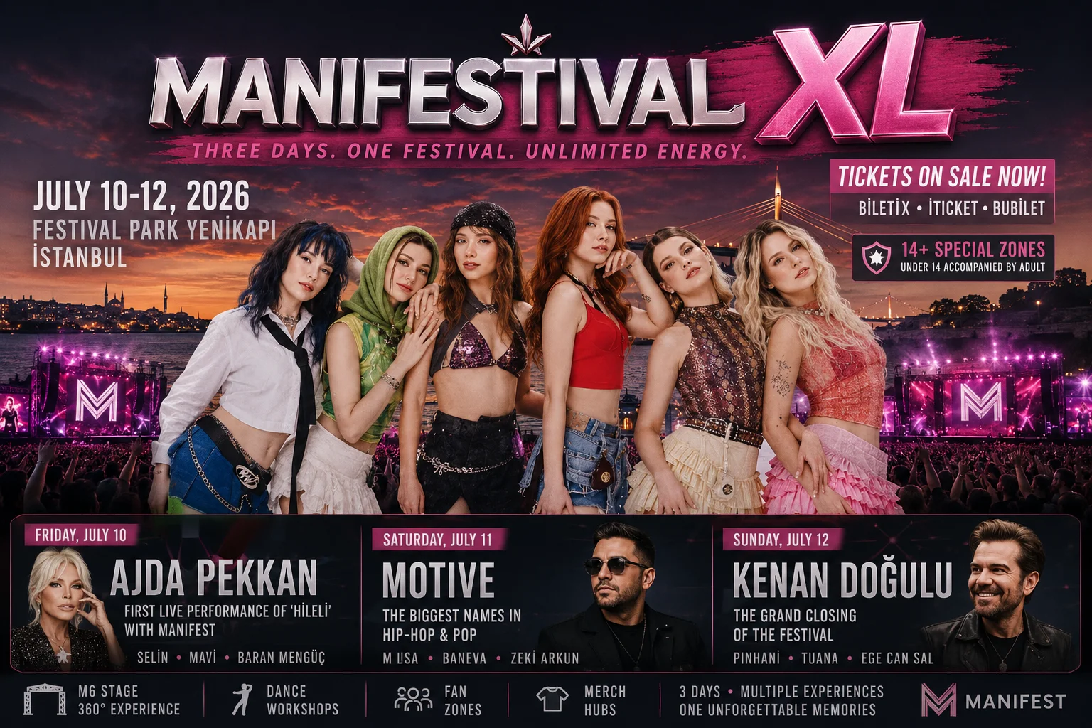 Turkey's Pop Sensation Manifest Announces Three-Day Manifestival XL in Istanbul 1 Manifest members promoting Manifestival XL 2026 at Festival Park Yenikapı in Istanbul with a three-day festival lineup featuring Ajda Pekkan, Motive, and Kenan Doğulu.