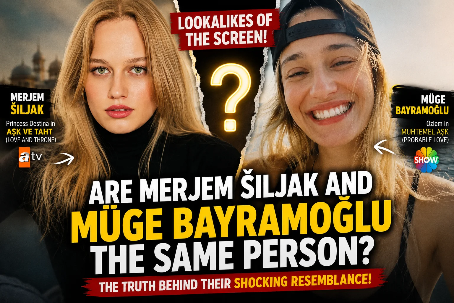 Are Merjem Šiljak and Müge Bayramoğlu the Same Person? 1 Side-by-side comparison of actresses Merjem Šiljak and Müge Bayramoğlu highlighting their striking facial resemblance as fans question whether the two Turkish TV stars are related or the same person.