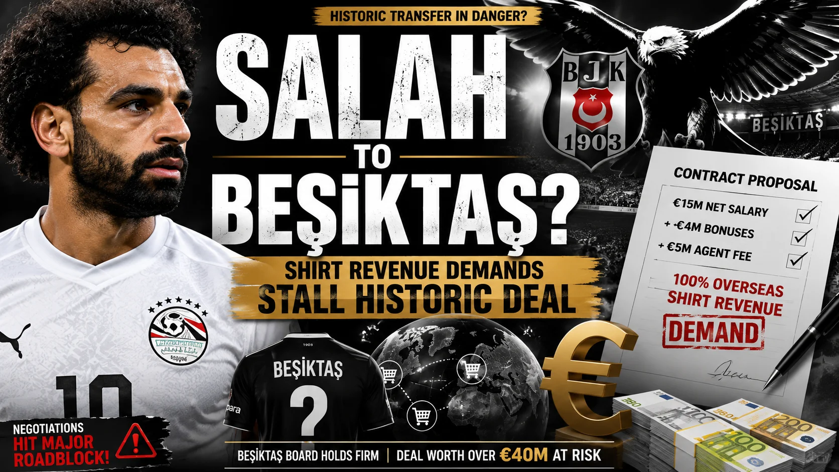 Editorial illustration of Mohamed Salah linked with a potential transfer to Beşiktaş, highlighting negotiations over overseas shirt revenue demands and a record-breaking contract proposal.