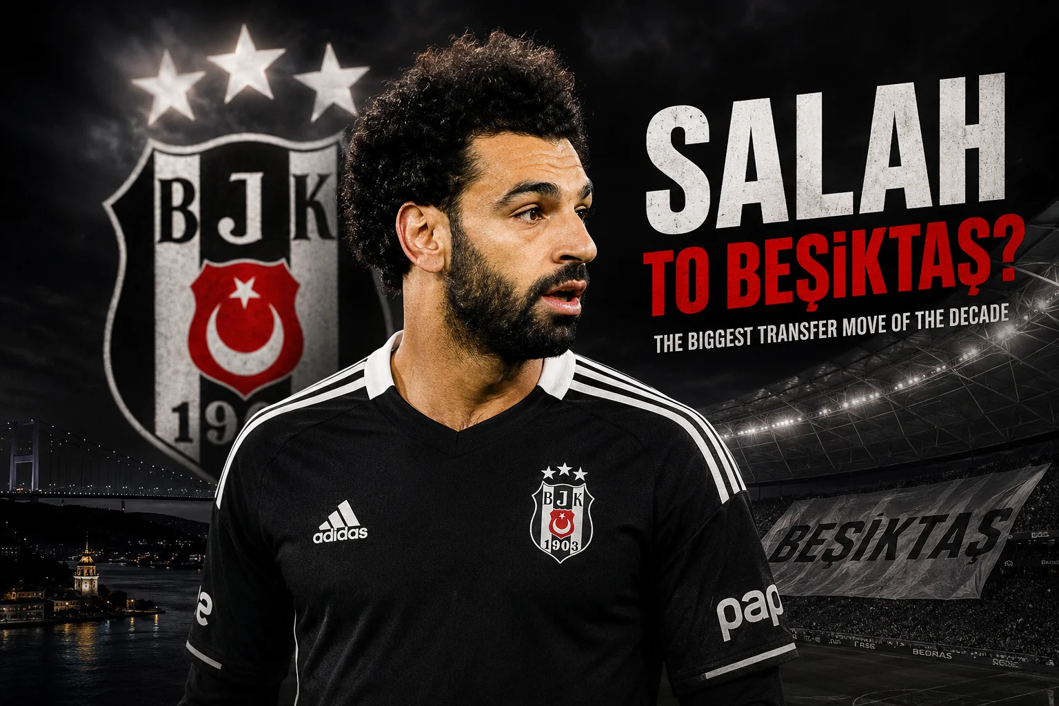 Mohamed Salah in a Besiktas-themed concept image as reports link the Egyptian superstar with a potential free transfer to the Turkish club in 2026.