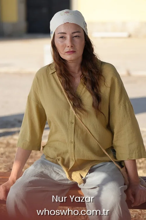 Cinematic close-up portrait of actress Nur Yazar as Perihan in the Turkish TV series Doğanın Kanunu, showing a thoughtful expression under a transparent umbrella with her wavy brown hair and elegant makeup.