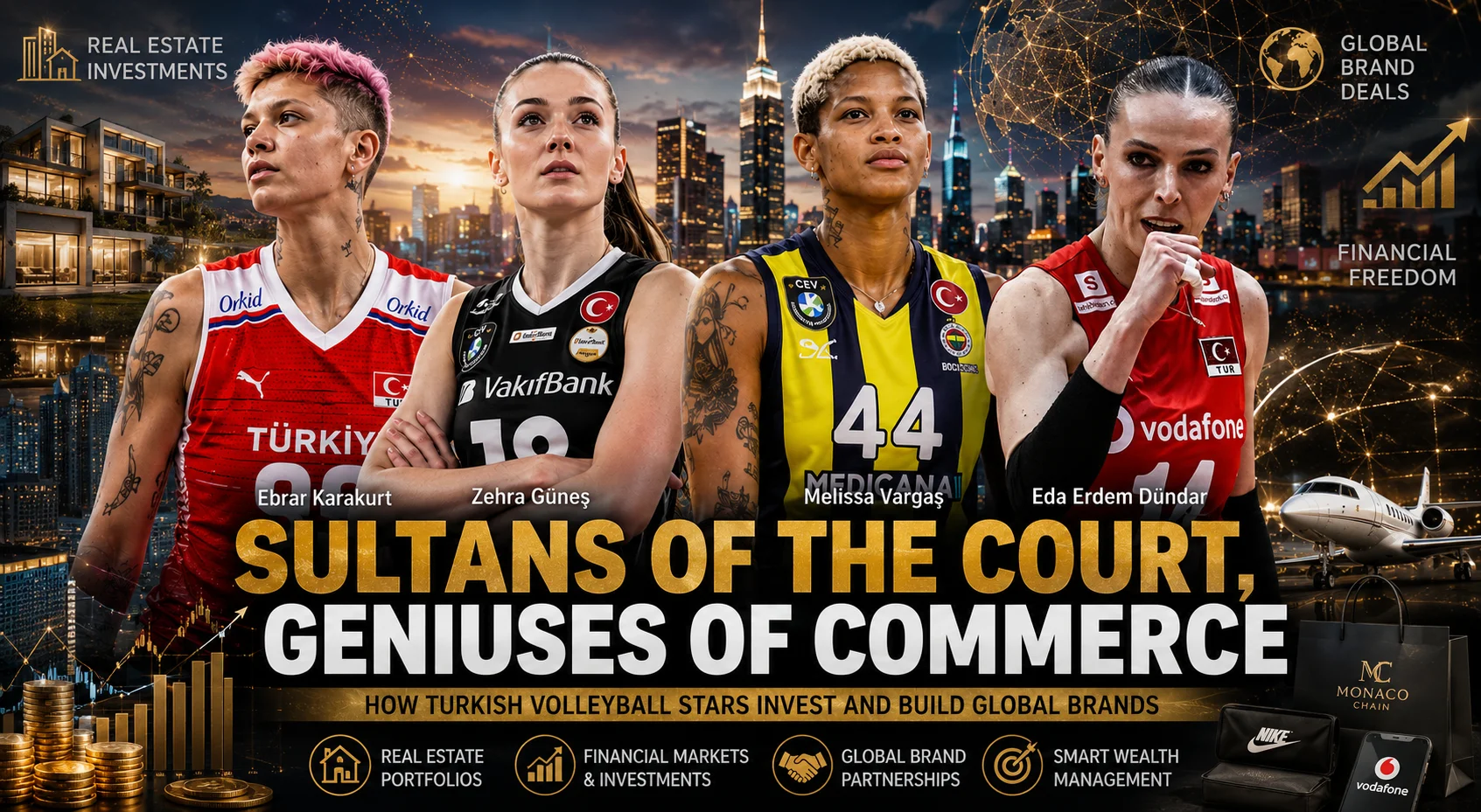 Highest-Earning Turkish Female Volleyball Players: Salaries & Investments 1 Turkish women's volleyball stars Ebrar Karakurt, Zehra Güneş, Melissa Vargas, and Eda Erdem featured in an editorial illustration highlighting their investments, brand partnerships, and business success beyond volleyball.