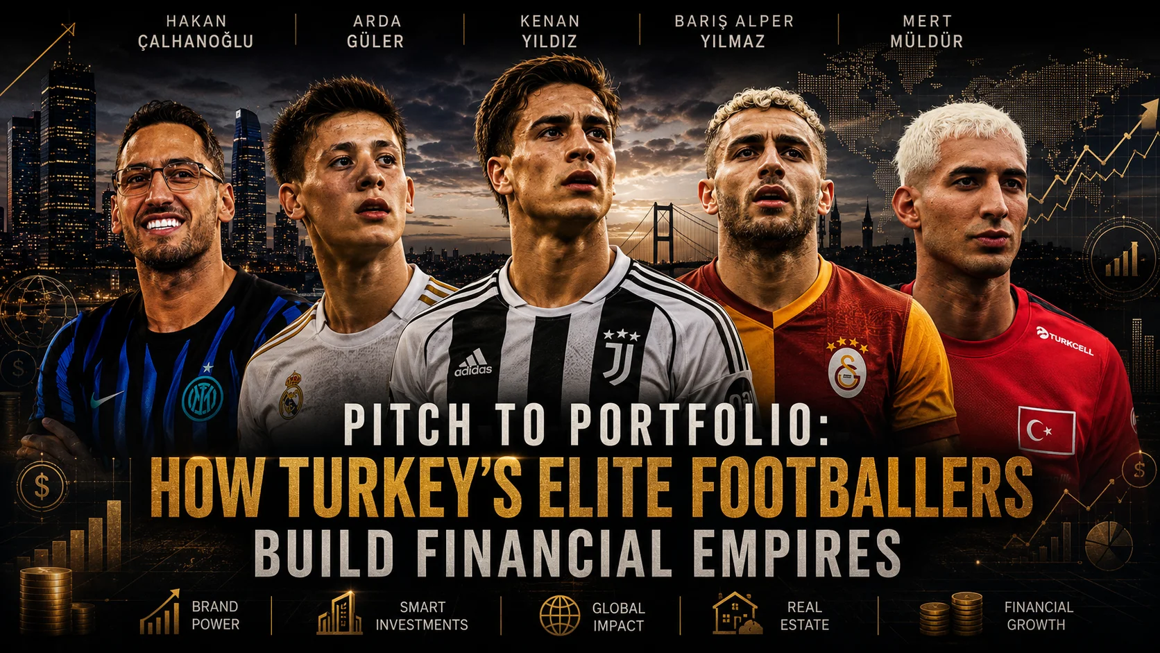 Editorial cover highlighting the investment portfolios, sponsorship deals and business ventures of Turkey's leading footballers including Arda Güler, Hakan Çalhanoğlu, Kenan Yıldız, Barış Alper Yılmaz and Mert Müldür.