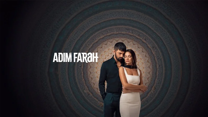 Official promotional poster of the Turkish TV series Adım Farah featuring lead actors Engin Akyürek in a black shirt and Demet Özdemir in a white strap dress posing closely together against a dark circular patterned background with the text Adım Farah.