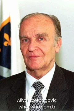 Bosnian politician and author Alija Izetbegovic wearing a suit and tie, biography photo