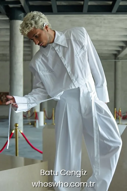 Full shot of Crush boy band member Batu Cengiz looking down thoughtfully, showcasing his blonde curly hair and wearing a unique avant-garde all-white outfit consisting of a cropped long-sleeved button-up shirt with rhinestone pocket details and matching high-waisted pleated wide-leg trousers.