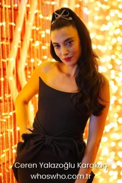 Ceren Yalazoğlu Karakoç family Turkish actress Ceren Yalazoglu Karakoc portrait in a black straplez dress for her official biography profile cover.