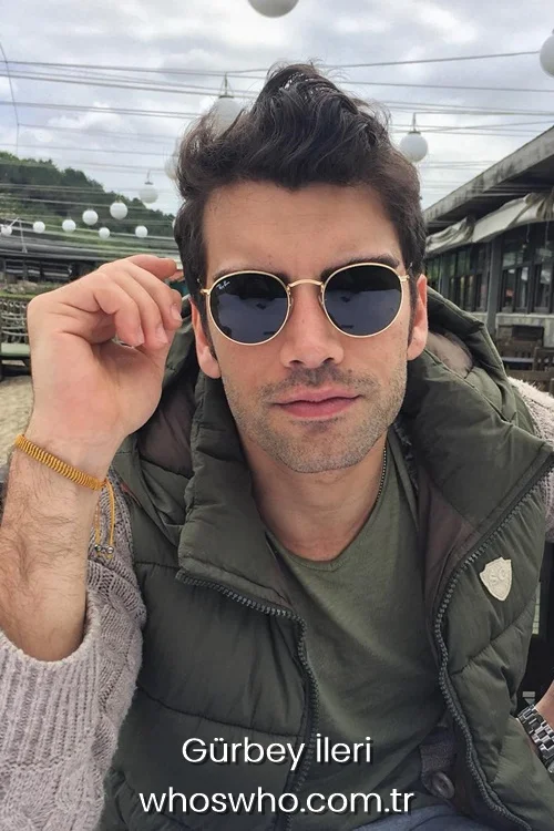 Turkish actor Gurbey Ileri posing in casual outfit with round sunglasses for his official biography profile.