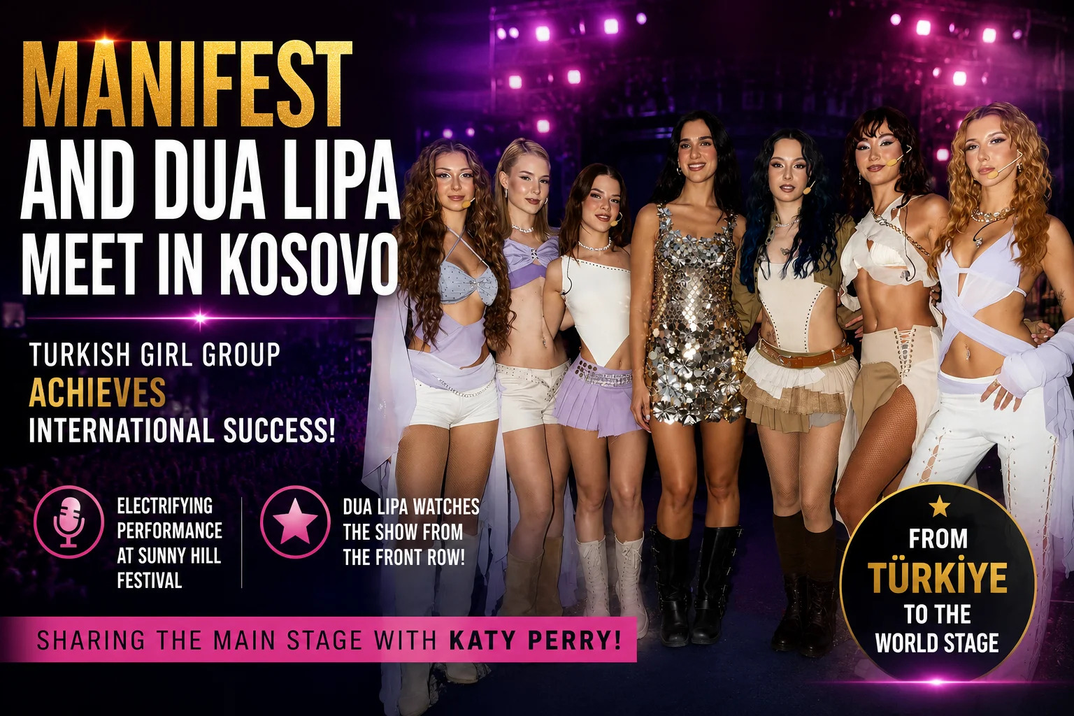 Manifest members pose backstage with Dua Lipa before performing at Sunny Hill Festival in Pristina, Kosovo, marking the Turkish girl group's international festival debut.