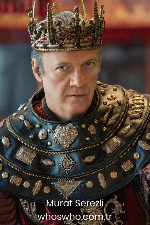 Actor Murat Serezli wearing a royal king crown and detailed medieval armor costume as emperor Kir Vard in Ask ve Taht historical drama 