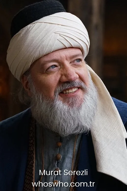 Turkish actor Murat Serezli wearing traditional Ottoman clothing turban and white beard in a historical drama series 