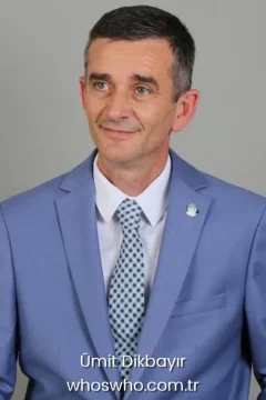 Turkish politician Umit Dikbayir portrait in a light blue suit for his official biography profile cover.